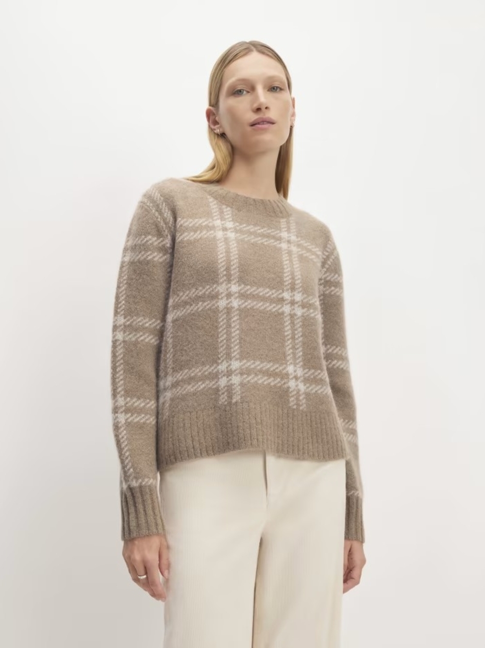 Everlane Taupe Plaid Crewneck Sweater XXS Wheat  Lightest Taupe